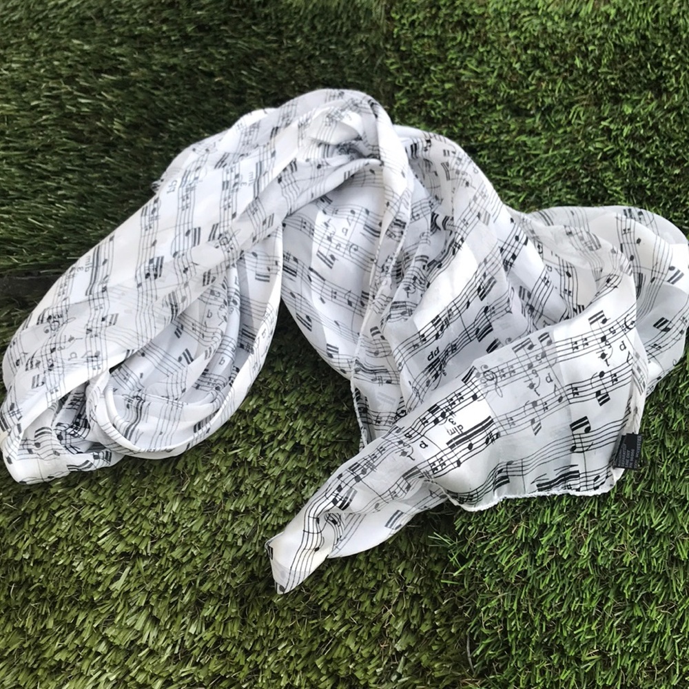 musical note music print white silky scarf vintage